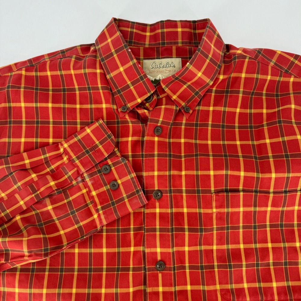 Cabelas Outfitter Series Mens XL Tall Flannel Plaid Button Up Shirt Red Yellow